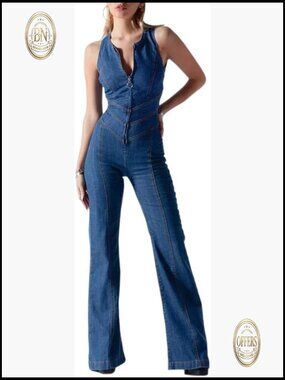 Denim Jumpsuit Slim Fit High Waist Backless Wide Leg Romper